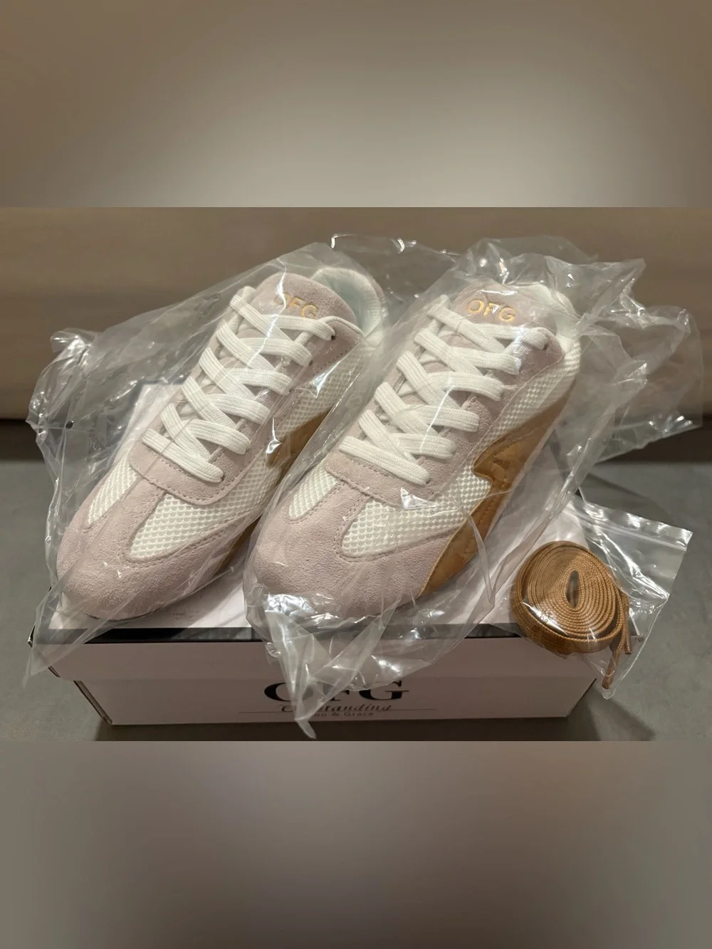 OFG Women’s Casual Mesh and Suede Sneaker in White and Tan - US Size 6